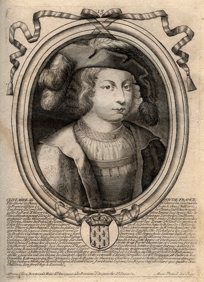Retrato de Clothaire III (652 - 673), Rei de Neustria e Borgonha - Chlothar III ou Clotaire III, Rei dos Francos da casa dos Merovingianos - gravura de 