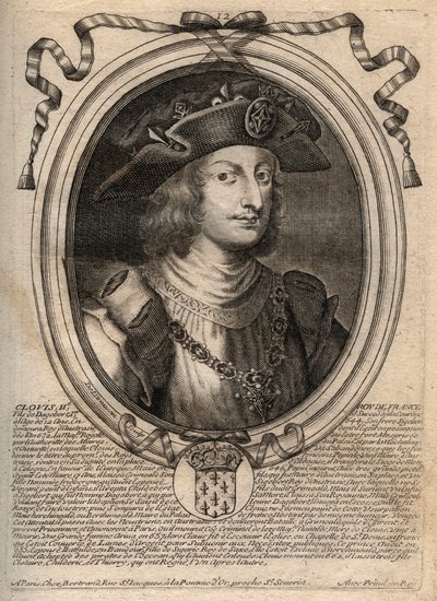 Retrato de Clovis II, Rei dos Francos (v.633-657) - Clovis II (c.634-657), Merovingian Frankish King of Neustria e Borgonha (639-657) - gravura de 