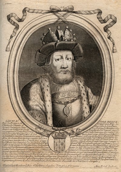 Retrato de Luís II o Begue ou o Faineant (846 - 879), Rei dos Francos - Luís II O Gago 848 a 879 - gravura de "Les Augustes Representations de tous les Kings de France de Pharamond a LouisXIV", Paris de de Larmessin