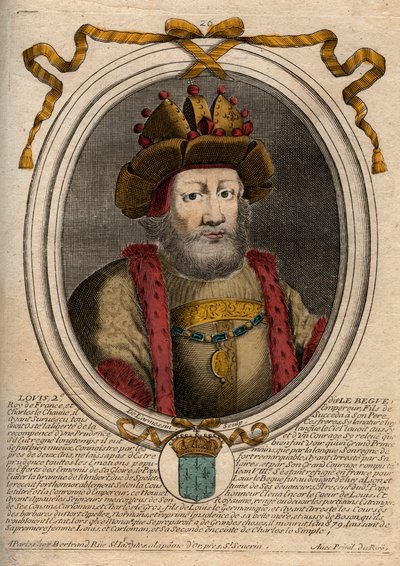 Retrato de Luís II o Begue ou o Faineant (846 - 879), Rei dos Francos - Luís II O Gago 848 a 879 - gravura de "Les Augustes Representations de tous les Kings de France de Pharamond a LouisXIV", Paris de de Larmessin