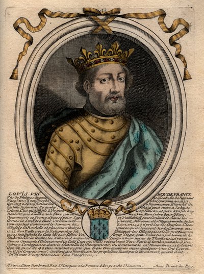 Retrato de Luís VIII (1187-1226), Rei de França - Luís VIII (1187-1226) Rei de França - Gravura de "Les Augustes Representations de tous les Kings de France depuis Pharamond à la LouisXIV", Paris de de Larmessin