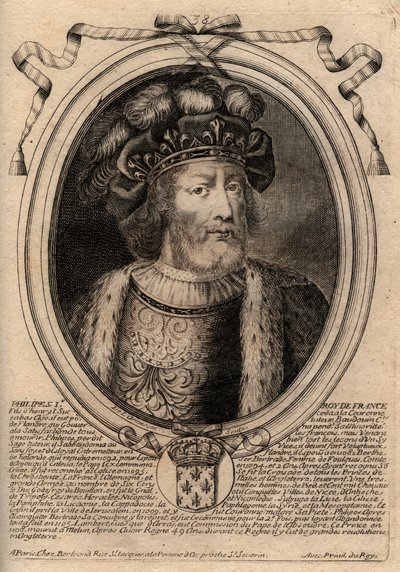 Retrato de Filipe I (1060 - 1108), Rei de França - Filipe I (1053-1108) Rei de França - gravura de "Les Augustes Representations of all the Kings of France from Pharamond to LouisXIV", Paris de de Larmessin