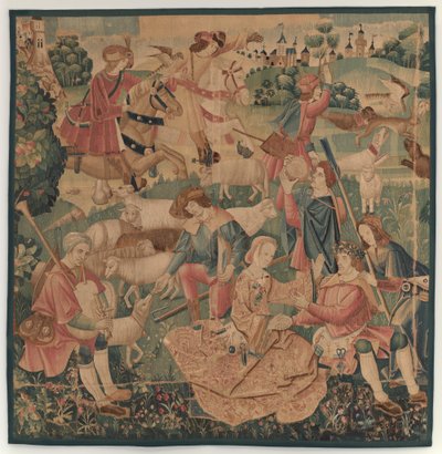 Cenas de Caça e Pastoral, com um herói coroado entre senhoras de design probably French 16th Century, Paris; woven in southern Netherlands or Paris in an undetermine workshop