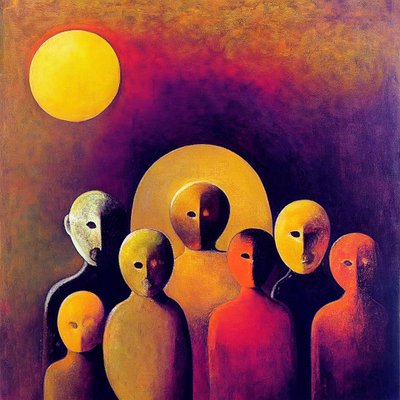 Multidão abstracta com rostos expressivos, arte figurativa do surrealismo de F. Abderrahim