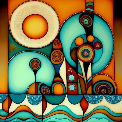 Praia abstrata, mar ondulado e vento, inspirado por hundertwasser, impressões artísticas de F. Abderrahim