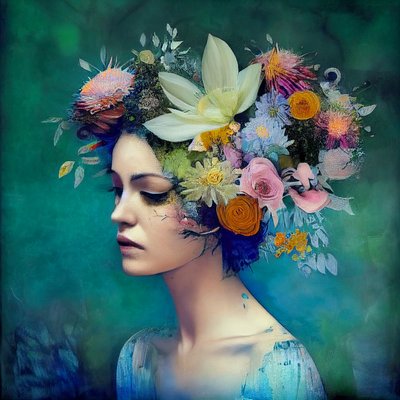 Mulher bonita com flores, Pintura abstrata, parede Impressão de arte a pedido de F. Abderrahim