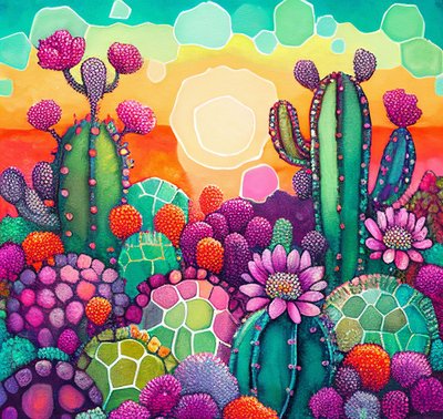 Desert Bloom: pintura abstracta colorida de um pôr-do-sol sobre planaltos de cactos de F. Abderrahim