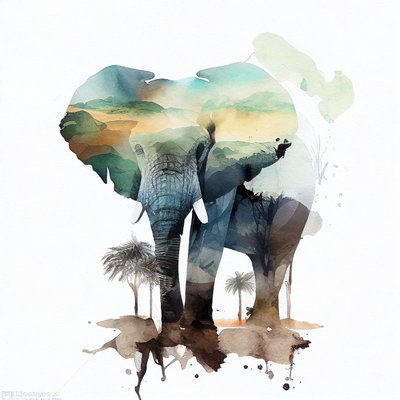 Pintura a aguarela de elefante e savana africana, impressões murais de F. Abderrahim