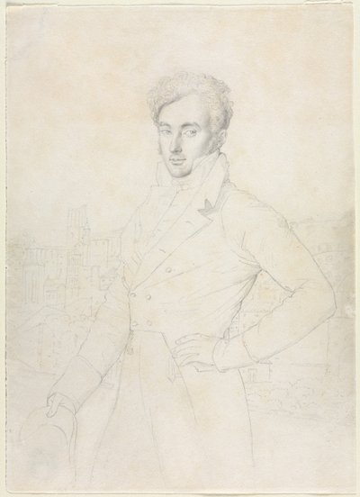 Retrato de um jovem de pé no Quirinal com o Turris Comitum ao fundo de follower of Jean Auguste Dominique Ingres