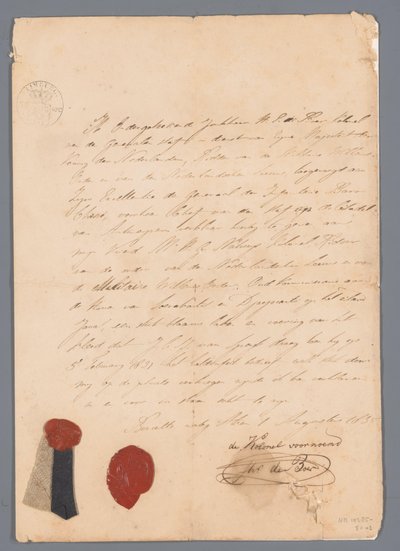 Pedaço de pano da saia uniforme de J.C.J. van Speyk com certificados de descendência anexados de jonkheer H. E. de Boer