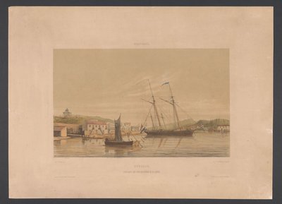 Porto de Willemstad Curaçao. Ancoradouro de navios de guerra no porto (título no objeto) Índias Ocidentais (título da série no objeto) Vistas das Índias Ocidentais da Holanda (título da série) de jonkheer Jacob Eduard van Heemskerck