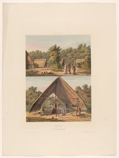 Acampamento dos Aruaques Suriname. Um Acampamento Indígena Arowakka (título no objeto) de jonkheer Jacob Eduard van Heemskerck