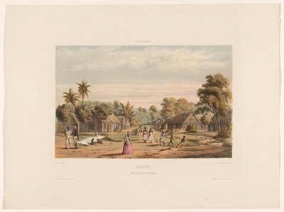Quartos de escravos em uma plantação acampamento de escravos Suriname. Um acampamento de escravos de plantação (título no objeto) de jonkheer Jacob Eduard van Heemskerck