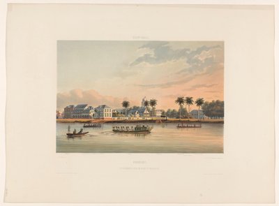 Orla com a Casa do Governador em Paramaribo Suriname. Casa do governo e praça em Paramaribo (título no objeto) de jonkheer Jacob Eduard van Heemskerck