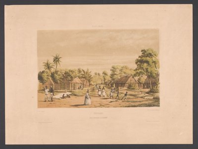 Casas de pessoas escravizadas em uma plantação do Suriname Suriname. Um acampamento de escravos de plantação (título no objeto) Índias Ocidentais (título da série no objeto) Vistas das Índias Ocidentais da Holanda (título da série) de jonkheer Jacob Eduard van Heemskerck