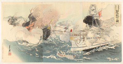 A marinha japonesa destrói os navios de guerra chineses perto de Dagushan
Nisshin sensô Daikosan oki Shinkan gekichin no zu de Ôkura Kôtô