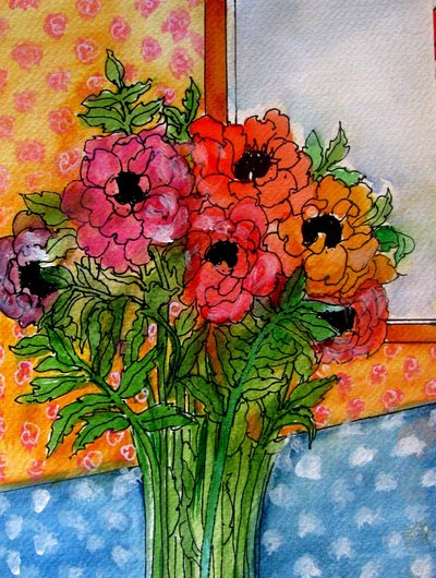 Flores em vaso, 2014 (aguarela, tinta) de linda arthurs