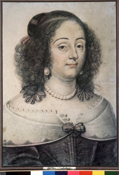 "Retrato de uma Mulher" Provavelmente a Rainha de Inglaterra Henrietta Maria (1609-1669). Desenho a giz por Daniel Dumoustier (ou Dumonstier) (1574-1646) 1640 Museu Pushkin, Moscovo de or Dumoustier Daniel Dumonstier