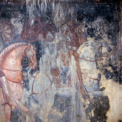 Santo a cavalo, fresco na igreja em Palaia Roumata, Creta, Grécia (foto) de Theodore Charles Ange Coquelin