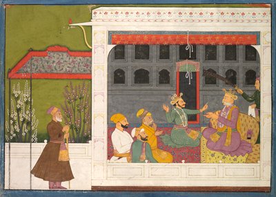 Shispul discutindo com o pai de Rukmini, Bhishmaka, página de uma série Rukmini Mangal de possibly by Mola Ram