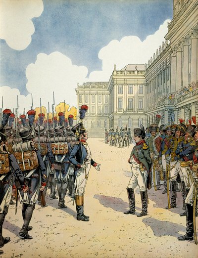 Em Schoebrunn, Napoleão I Bonaparte (1769-1821) analisou as tropas antes da Batalha de Wagram, em 5 e 6 de julho de pseudonym for Onfray de Breville Jacques Job