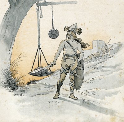 Captura de Roma (Rancon de Roma em 390 AC). Histoire de Brennus (Brennos), senhor da guerra gaulês que pronunciou a terrível palavra Vae Victis (infortúnio aos derrotados). em "França, sua história contada por G. Montorgueil, imagem de Jó" 1896. Coleção pr de pseudonym for Onfray de Breville Jacques Job