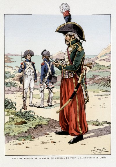 Chefe de música da guarda do general em St Domingo, em 1802 - em "Outfit des troupes de France: armee de terre et de mer à toutes les epoques", doente. por Job de pseudonym for Onfray de Breville Jacques Job