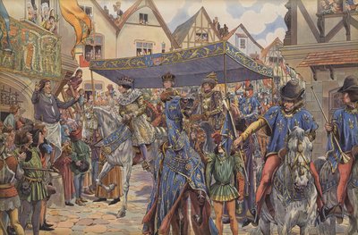 Multidões nas ruas de Paris saúdam Luís XI quando ele chega de Borgonha para reclamar seu reino após a morte de seu pai, Carlos VII (cor litho) de pseudonym for Onfray de Breville Jacques Job