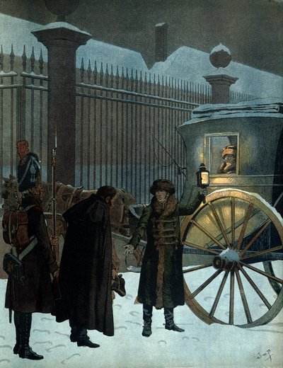 Derrotou a campanha russa e regressou a Paris: Napoleão I Bonaparte (1769-1821) num sedan chegou aos tuileries a 18 de Dezembro de 1812 às 11 horas da noite, após o retiro russo. Em "Napoleão", de Georges Montorgueil. Ilustração de J de pseudonym for Onfray de Breville Jacques Job