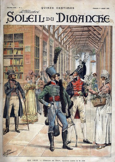 Cada um com a sua flor. Um soldado comprou flores de uma vendedora numa galeria coberta em Paris, em 1816. De uma aguarela do Sr. Job. Gravura em "Le sun-du-dimanche", LE 1 JANEIRO DE 1899. de pseudonym for Onfray de Breville Jacques Job