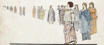 Femmes des "free men" (cidadãos livres) usando seus vestidos grampeados no ombro e jóias pesadas nos braços. in "France, his story told by G. Montorgueil, imagee by Job" 1896. Coleção privada. de pseudonym for Onfray de Breville Jacques Job