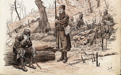 Primeira Guerra Mundial 1914-1918: Soldado de Infantaria e Tirailleurs senegaleses do exército francês. Ilustração de Job (Jacques Marie Gaston Onfray e Breville) (Jacques-Marie) (1858-1931) para o livro "Les grands mots historiques du pays de France" 1915 de pseudonym for Onfray de Breville Jacques Job