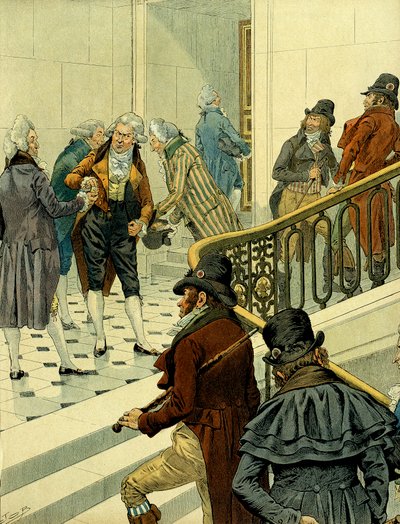 Primeiro império de Napoleão I Bonaparte (1769-1821): encontro na escadaria dos tuilerias entre os emigrados que regressavam e os antigos revolucionários. Ilustração de Jacques Marie Gaston Onfray de Breville dit JOB (1858-1931). Coleção Particular de pseudonym for Onfray de Breville Jacques Job