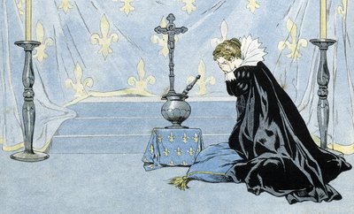 França, representada por uma mulher de capa preta, chora a morte do rei Henrique IV (1553-1610). em "France, his story told by G. Montorgueil, imageed by Job" 1896. Coleção particular. de pseudonym for Onfray de Breville Jacques Job