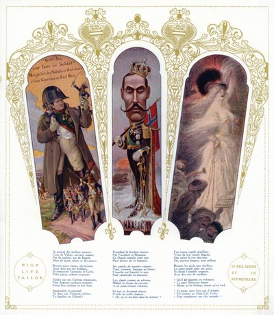 Formação militar francesa, caricatura do rei Haakon VII da Noruega e imigrantes marroquinos em França (cor litho) de pseudonym for Onfray de Breville Jacques Job