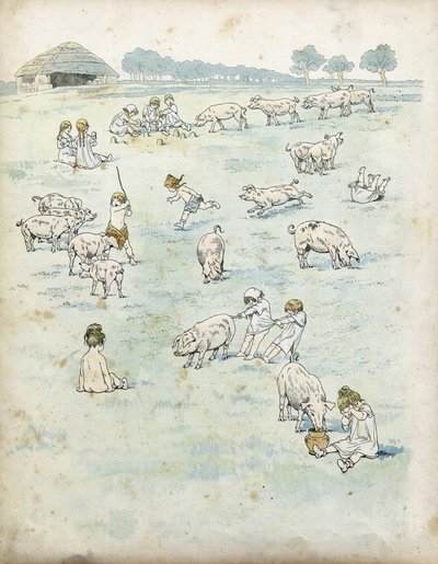 Crianças gálicas brincando com porcos em um campo. em "France, his story told by G. Montorgueil, imagee by Job" 1896. Colecção privada. de pseudonym for Onfray de Breville Jacques Job