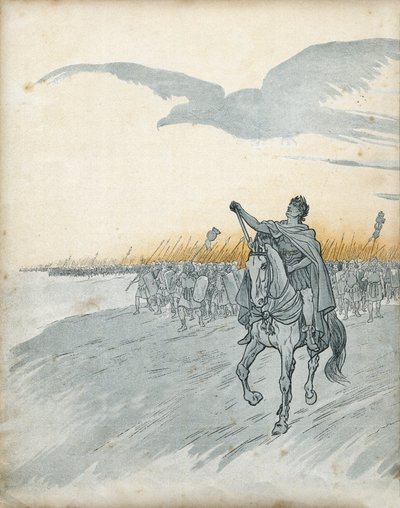 Guerra Gália: Caio Júlio César (então Júlio César) (100-44 AC) e seu exército invadem a Gália. A sombra de uma águia, símbolo do Império Romano, aparece no céu. em "França, sua história contada por G. Montorgueil, imitado por Jó" 1896. Colecção privada. de pseudonym for Onfray de Breville Jacques Job