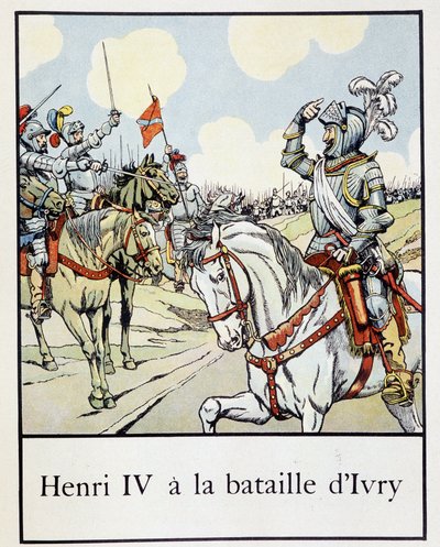 Henri IV (1553 - 1610) na Batalha de Ivry em 1590 - em "Petite histoire de France" de Jacques Bainville, ed. Mane de pseudonym for Onfray de Breville Jacques Job