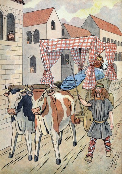 História da França. Cena que retrata reis preguiçosos em brinquedos: Rei da França Thierry III (673-691) transporta num tanque com uma cama puxada por bois. Em "Joujoux a l