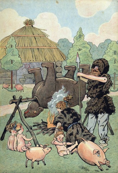 História da França. Cena da Gália bárbara com brinquedos: um gaulês e um gaulês vestidos de pele de bétula cozinham um urso para alimentar a família. em "Joujoux à l