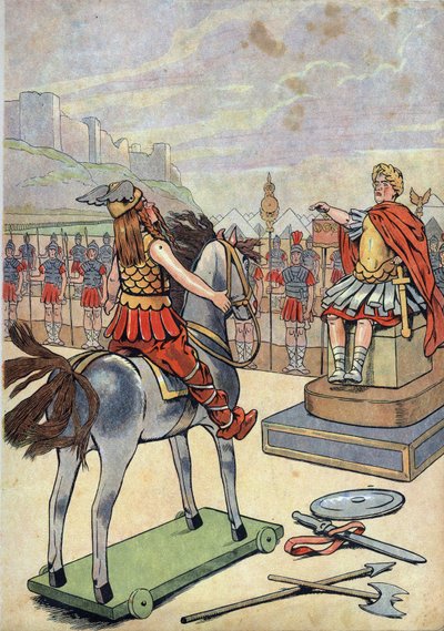 História da França. Cena da Gália Romana com brinquedos: O líder gaulês Vercingetorix (72-46 AC) indo para o chefe romano Jules Cesar (100-44 AC) após a batalha de Alesia em 52 AC. em "Vamos jogar história: A França encenou com o Joujoux de dois pequenos f de pseudonym for Onfray de Breville Jacques Job