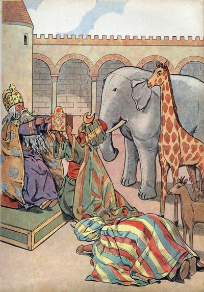 História da França. Cena da vida de Carlos Magno nos brinquedos: O califa Haron Al Rashid (Haron-Al-Rachid) dá ao rei da França Carlos Magno (742-814) uma girafa, um elefante e um relógio. Em "Joujoux a l