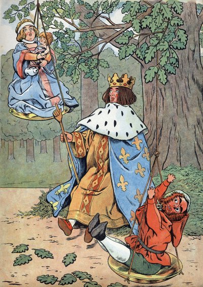 História da França. Cena da vida de Saint Louis nos brinquedos: O Rei Luís IX conhecido como Saint Louis (1214-1270) a fazer justiça aos pés de um carvalho. Em "Joujoux a l