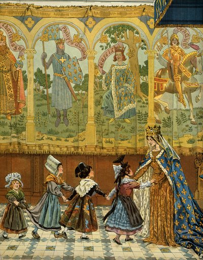 História da França na Idade Média (Idade Média): Alegoria das províncias francesas atestada à coroa da França sob o reinado do rei Luís XI chamado Prudente (1423-1483). Ilustração de Jacques Marie Gaston Onfray de Breville dit JOB (1858-1931 de pseudonym for Onfray de Breville Jacques Job