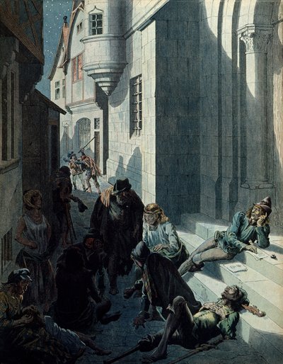 História da França na Idade Média (Idade Média): Francois de Montcorbier conhecido como François Villon (1431-1463?) , poeta, compondo suas obras na miséria das ruas de Paris. Ilustração de Jacques Marie Gaston Onfray de Breville dit JOB (1858-1931) de pseudonym for Onfray de Breville Jacques Job