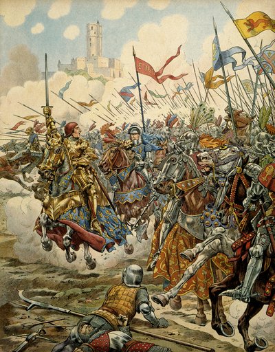 História da França na Idade Média (Idade Média): O rei Luís XI chamado de Prudente (1423-1483) à frente do seu exército durante a batalha de Montlery contra a Ligue du Bien Public, 16 de julho de pseudonym for Onfray de Breville Jacques Job