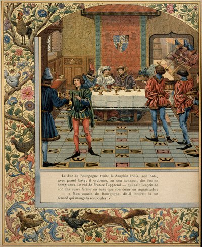 História da França na Idade Média (Idade Média): O Duque de Borgonha Philippe Le Bon (1396-1467) tem uma mesa com o seu convite o golfinho Luís (então Rei de França Luís XI conhecido como o Prudente de pseudonym for Onfray de Breville Jacques Job