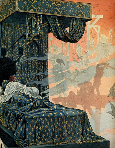História da França na Idade Média: o Rei da França Luís XI disse que o Prudente (1423-1483) tinha pesadelos ansiosos antes de morrer. Ilustração de Jacques Marie Gaston Onfray de Breville dit JOB (1858-1931) de pseudonym for Onfray de Breville Jacques Job