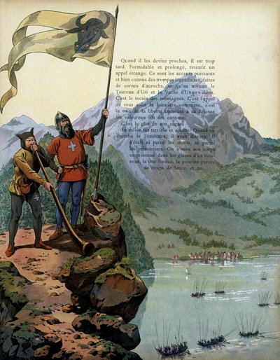História da França na Idade Média: as tropas de Carlos o Temerário (1433-1477), Duque de Borgonha, entram no país de Vaud, na Suíça. Ilustração de Jacques Marie Gaston Onfray de Breville dit JOB (1858-1931) de pseudonym for Onfray de Breville Jacques Job
