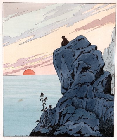 Eu venho, como Themistocle, para me sentar na casa do povo britânico palavras de Napoleão I Bonaparte (1769-1821) em uma atitude melancólica no exílio em uma rocha da Ilha de Santa Helena. Ilustração de Job (Jacques Marie Gaston Onfray e Breville) (Jacques de pseudonym for Onfray de Breville Jacques Job
